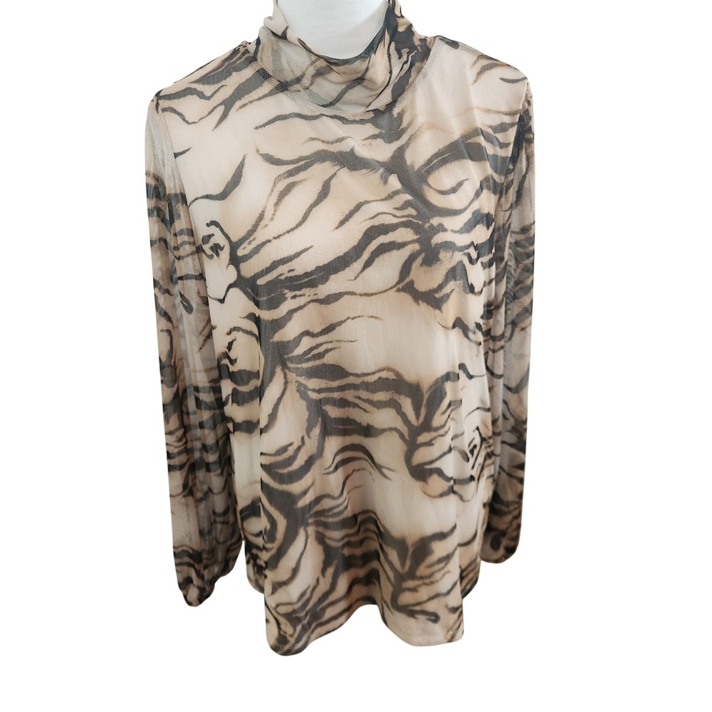 Chico's Size 3 Womens XL Tiger Print Mesh Mock Neck Top Brown Sheer Turtleneck